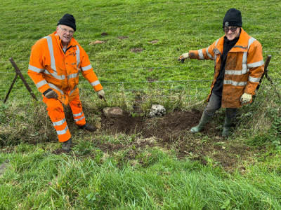 On-going work to ensure drains, ditches and culverts are free from obstructions. The outlet of a culvert (formerly bridge 66, a cattle creep later filled in) exposed for the first time in many years. Tuesday 12th November.