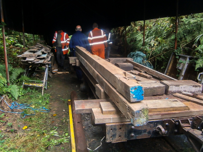 Moving Signal box timbers from store at Woody Bay