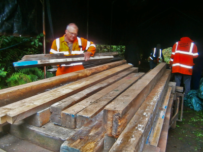 Moving signal box timbers from store at Woody Bay.