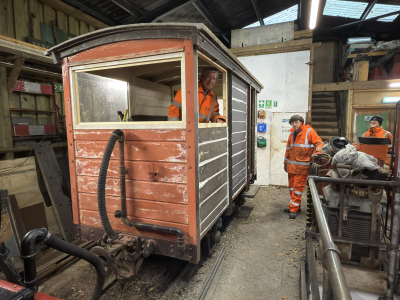 For the days when it’s too wet to work outside, (often), there is always something to do under cover. On-going repairs to the brake van continue with the fitting of new window frames. The bogies from Van 23 are also being overhauled in preparation for bei